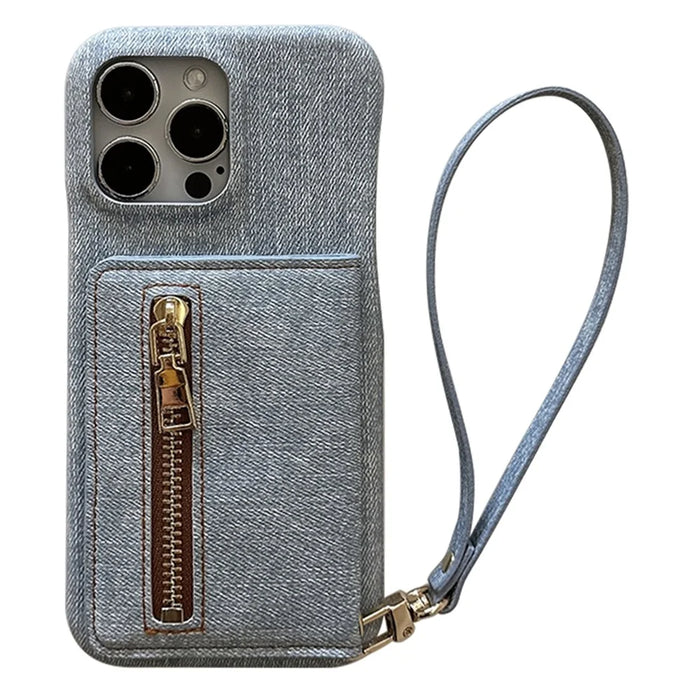 For iPhone 15 Pro Case Zipper Card Holder Kickstand Jeans Cloth Texture PU Leather Back Cover with Strap - 1