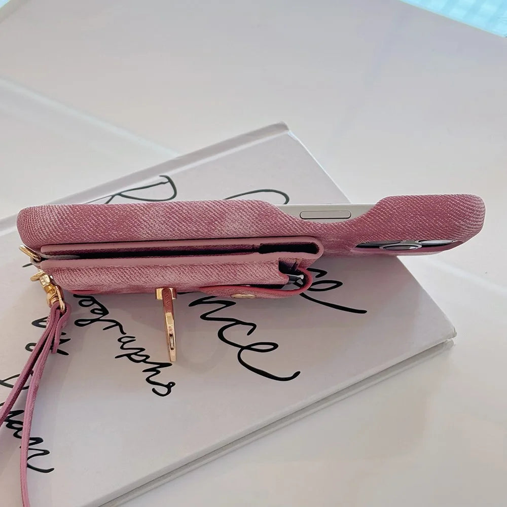 For iPhone 14 Pro Case Ring Kickstand Card Holder Jeans Cloth Texture PU Leather Back Cover with Strap - Pink - 5