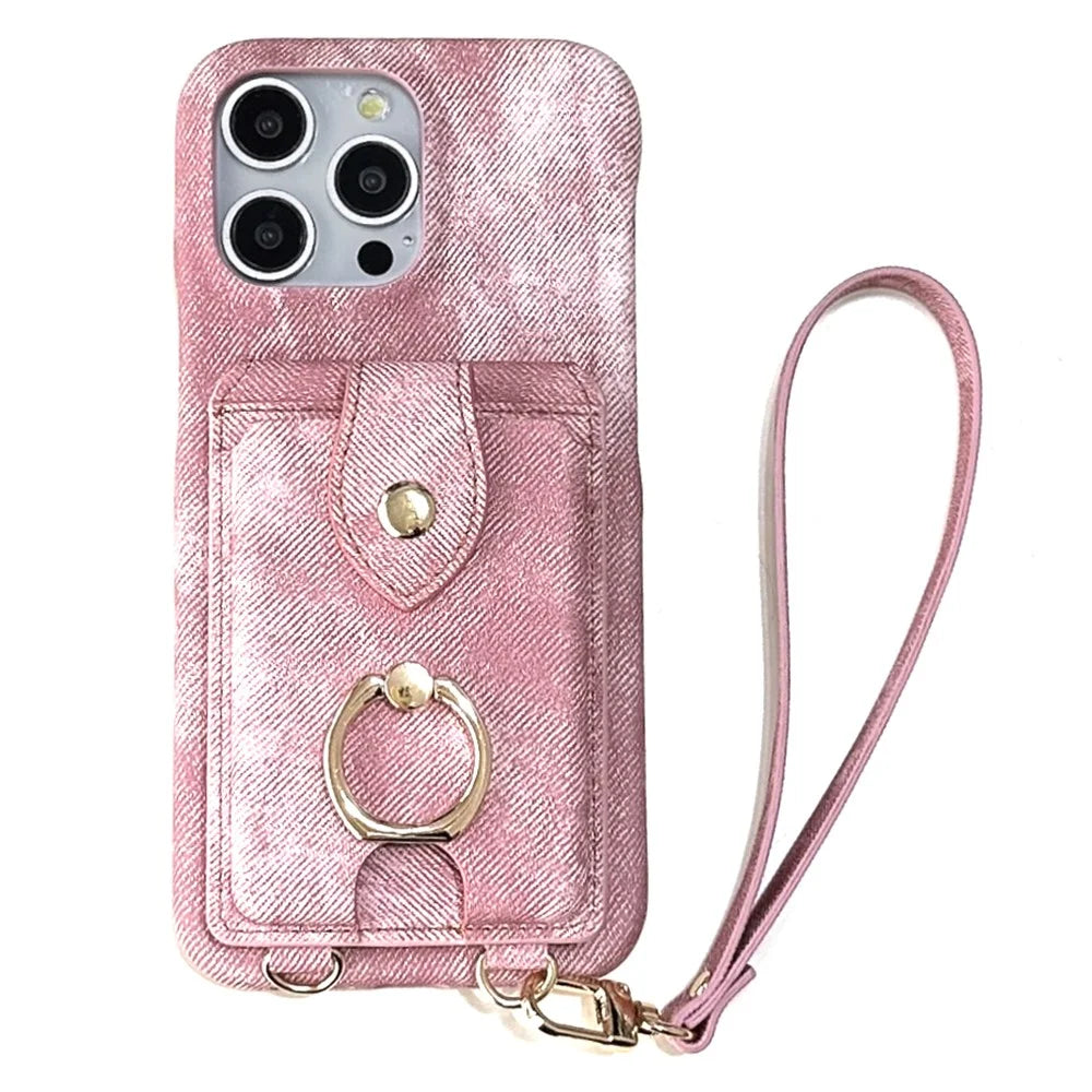 For iPhone 15 Pro Max Case Ring Kickstand Card Holder Jeans Cloth Texture PU Leather Back Cover with Strap - Pink - 1