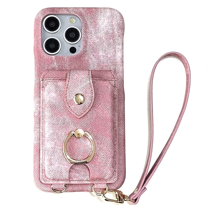 For iPhone 15 Pro Max Case Ring Kickstand Card Holder Jeans Cloth Texture PU Leather Back Cover with Strap - Pink - 1