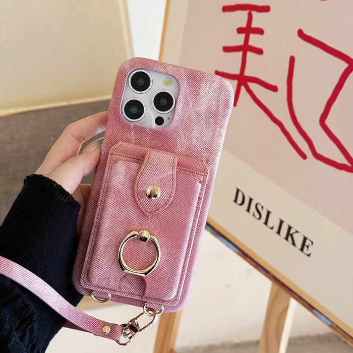For iPhone 15 Pro Max Case Ring Kickstand Card Holder Jeans Cloth Texture PU Leather Back Cover with Strap - Pink - 2