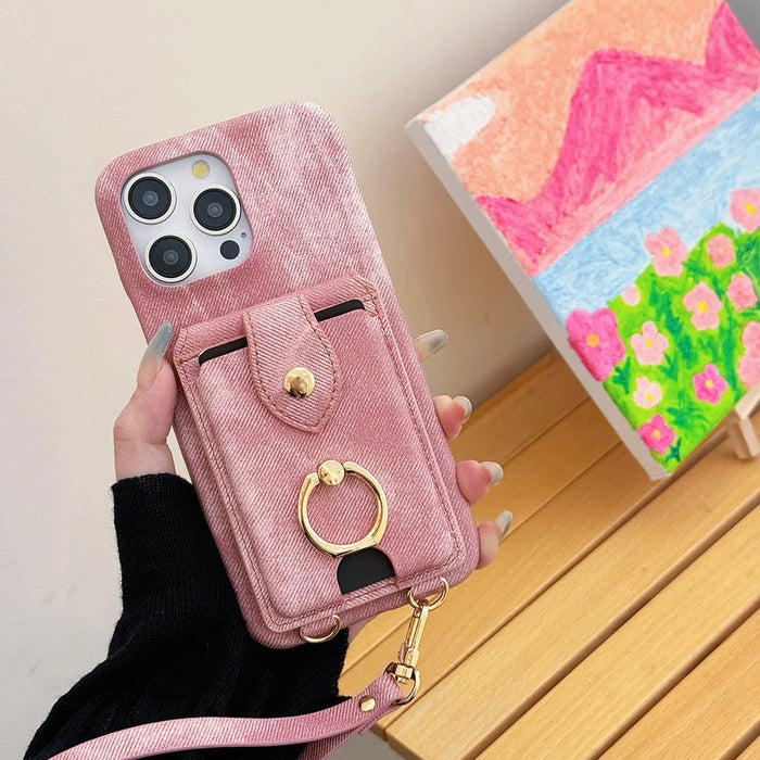 For iPhone 15 Pro Max Case Ring Kickstand Card Holder Jeans Cloth Texture PU Leather Back Cover with Strap - Pink - 3