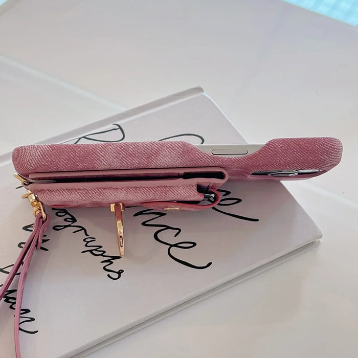 For iPhone 15 Pro Max Case Ring Kickstand Card Holder Jeans Cloth Texture PU Leather Back Cover with Strap - Pink - 5