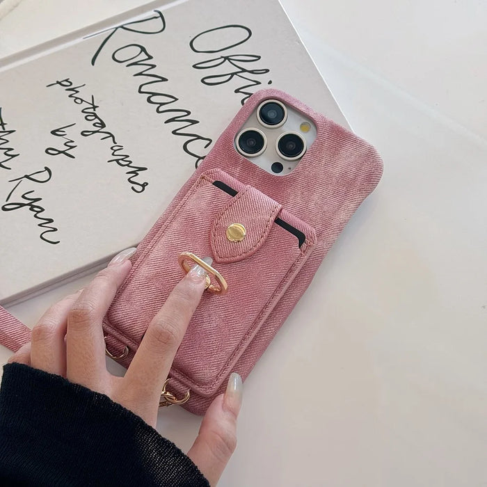 For iPhone 15 Pro Case Ring Kickstand Card Holder Jeans Cloth Texture PU Leather Back Cover with Strap - Pink - 4