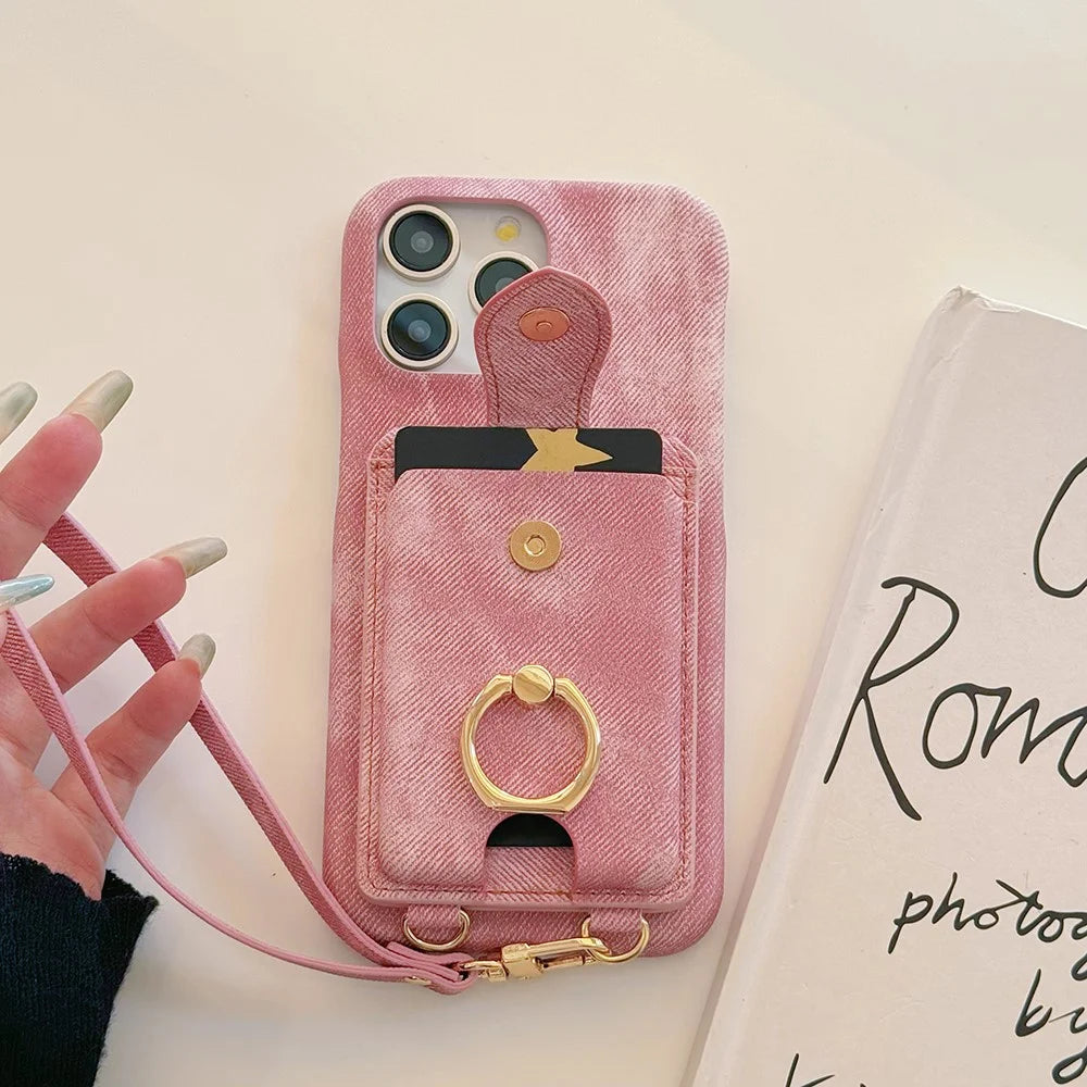 For iPhone 16 Pro Max Case Ring Kickstand Card Holder Jeans Cloth Texture PU Leather Back Cover with Strap - Pink - 7