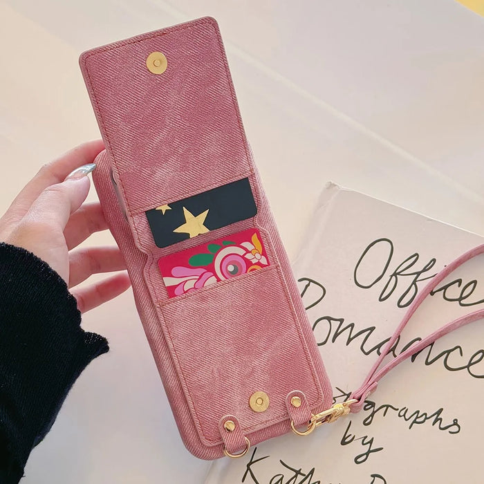 For iPhone 16 Pro Case Ring Kickstand Card Holder Jeans Cloth Texture PU Leather Back Cover with Strap - Pink - 6