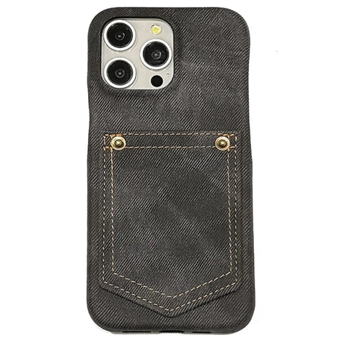 For iPhone 14 Pro Max Case Card Holder Jeans Cloth Texture PU Leather Back Cover - Black - 1