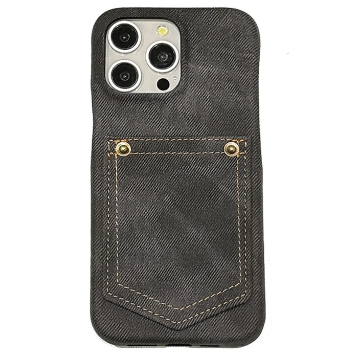 For iPhone 14 Pro Max Case Card Holder Jeans Cloth Texture PU Leather Back Cover - Black - 1