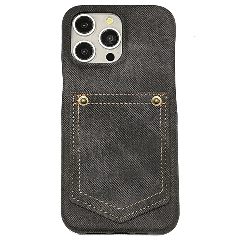 For iPhone 14 Pro Case Card Holder Jeans Cloth Texture PU Leather Back Cover - Black - 1