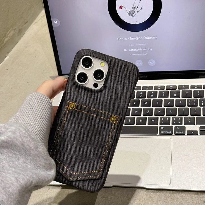 For iPhone 15 Pro Case Card Holder Jeans Cloth Texture PU Leather Back Cover - Black - 7