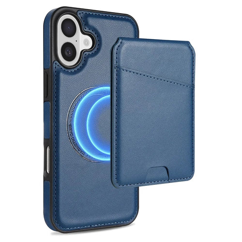 For iPhone 16 Case Compatible with MagSafe Detachable Card Holder Kickstand Leather Phone Back Cover - Blue - 1
