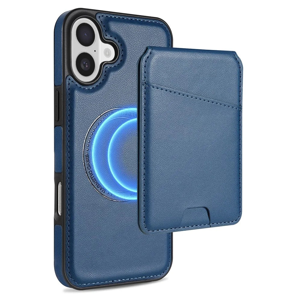 For iPhone 16 Case Compatible with MagSafe Detachable Card Holder Kickstand Leather Phone Back Cover - Blue - 1
