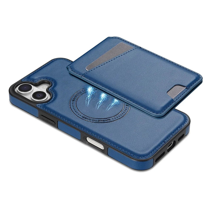 For iPhone 16 Case Compatible with MagSafe Detachable Card Holder Kickstand Leather Phone Back Cover - Blue - 6