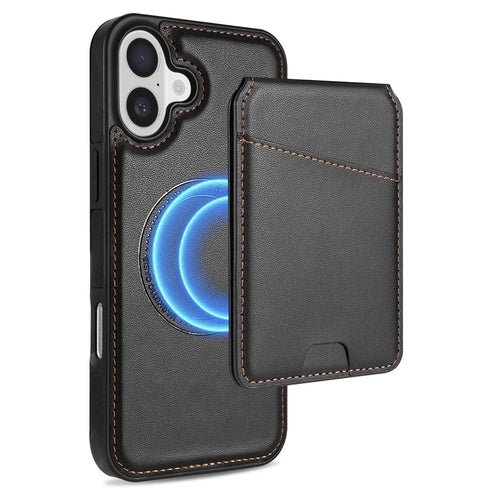 For iPhone 16 Plus Case Compatible with MagSafe Detachable Card Holder Kickstand Leather Phone Back Cover - Black - 1