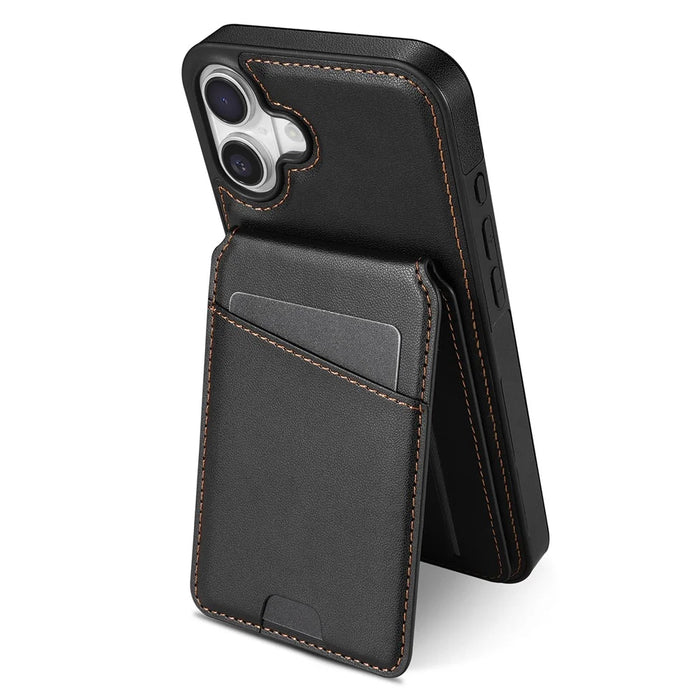 For iPhone 16 Plus Case Compatible with MagSafe Detachable Card Holder Kickstand Leather Phone Back Cover - Black - 2
