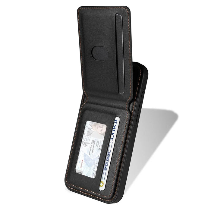 For iPhone 16 Plus Case Compatible with MagSafe Detachable Card Holder Kickstand Leather Phone Back Cover - Black - 3