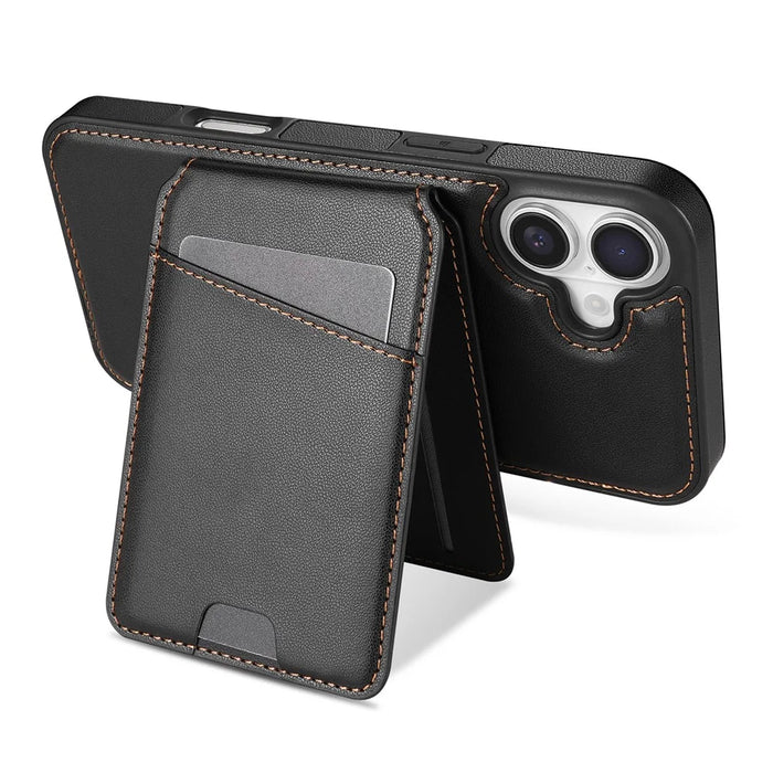 For iPhone 16 Plus Case Compatible with MagSafe Detachable Card Holder Kickstand Leather Phone Back Cover - Black - 5