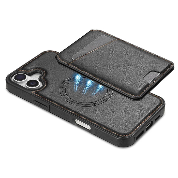 For iPhone 16 Plus Case Compatible with MagSafe Detachable Card Holder Kickstand Leather Phone Back Cover - Black - 6