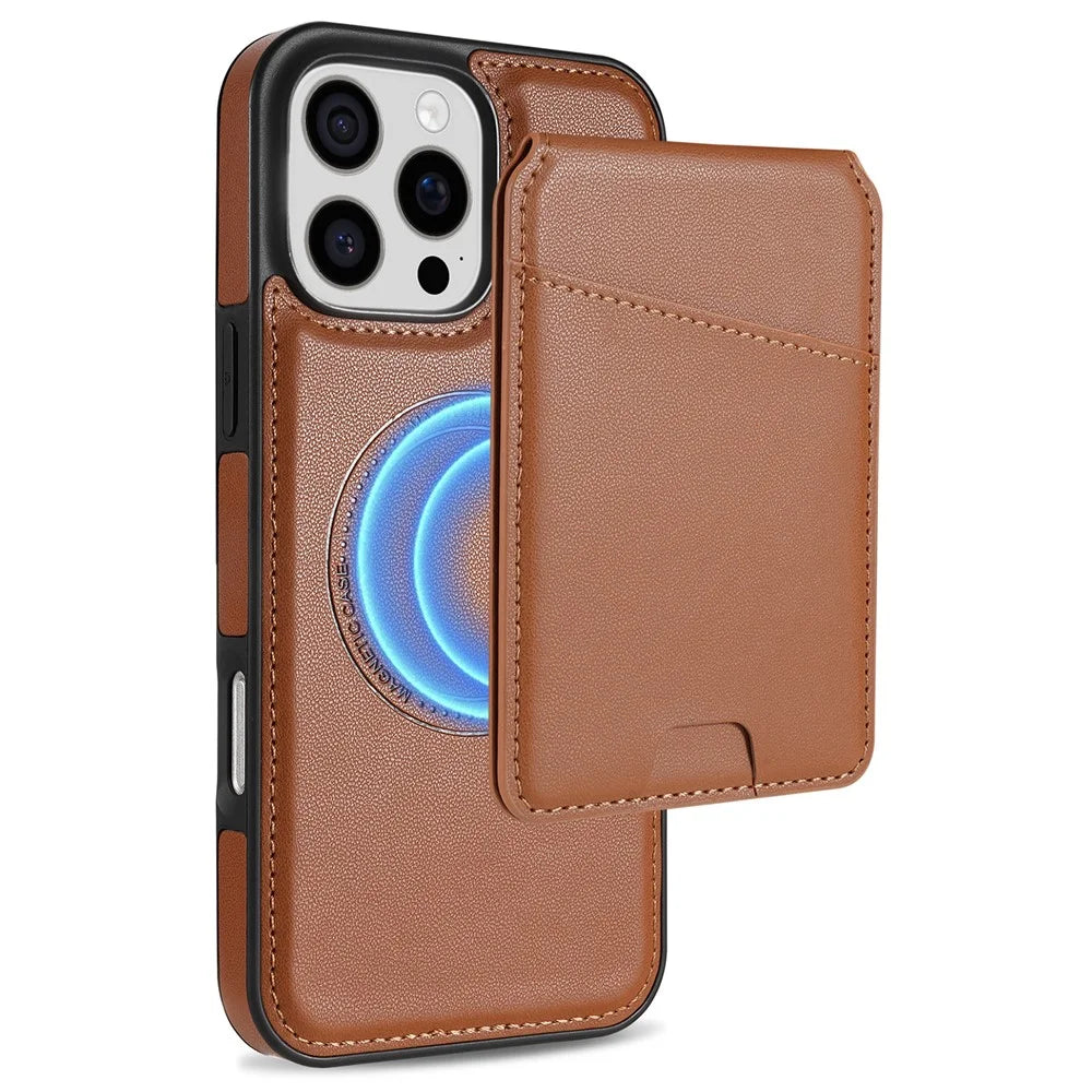 For iPhone 16 Pro Case Compatible with MagSafe Detachable Card Holder Kickstand Leather Phone Back Cover - Brown - 1
