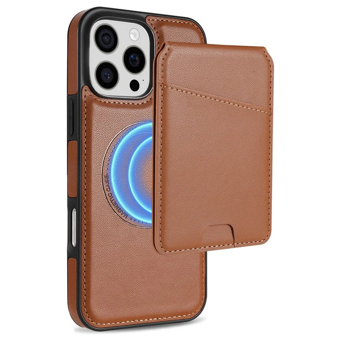 For iPhone 16 Pro Case Compatible with MagSafe Detachable Card Holder Kickstand Leather Phone Back Cover - Brown - 1