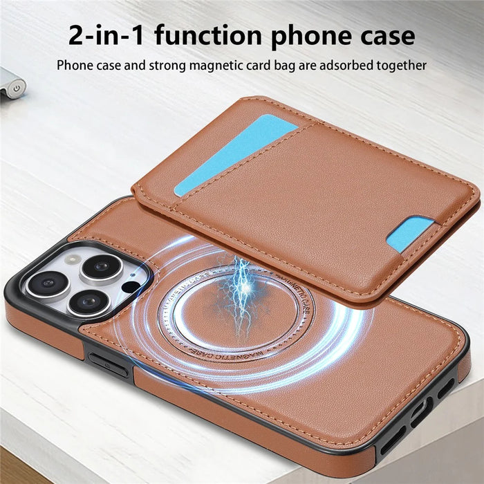 For iPhone 16 Pro Case Compatible with MagSafe Detachable Card Holder Kickstand Leather Phone Back Cover - Brown - 6