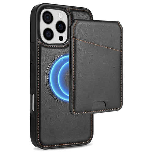 For iPhone 16 Pro Max Case Compatible with MagSafe Detachable Card Holder Kickstand Leather Phone Back Cover - Black - 1