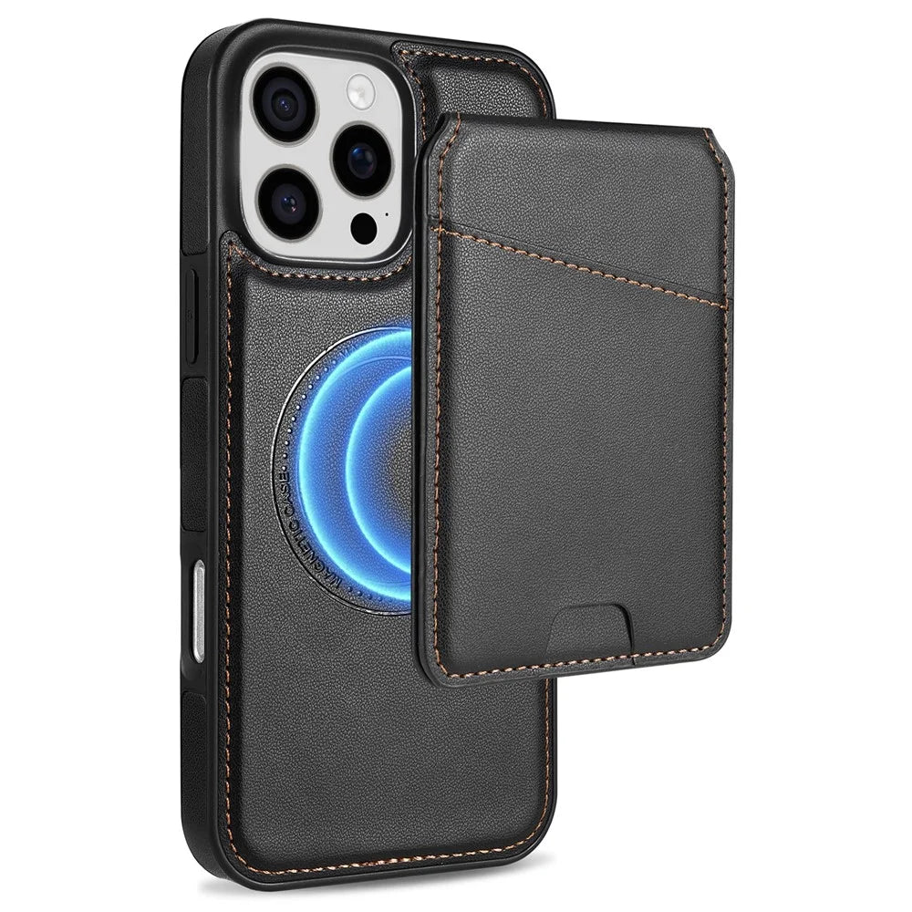 For iPhone 16 Pro Max Case Compatible with MagSafe Detachable Card Holder Kickstand Leather Phone Back Cover - Black - 1