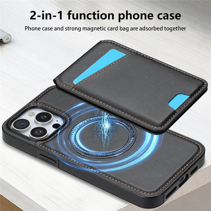 For iPhone 16 Pro Max Case Compatible with MagSafe Detachable Card Holder Kickstand Leather Phone Back Cover - Black - 6