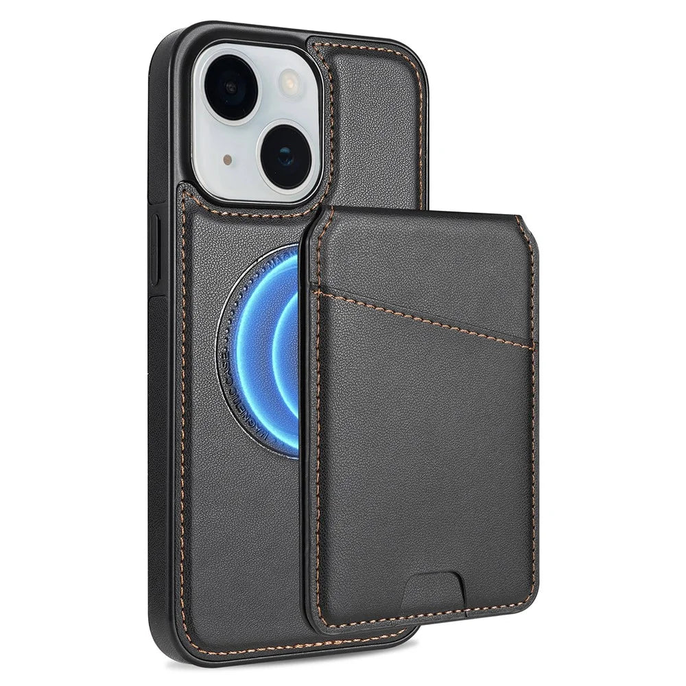 For iPhone 15 Case Compatible with MagSafe Detachable Card Holder Kickstand Leather Phone Back Cover - Black - 1