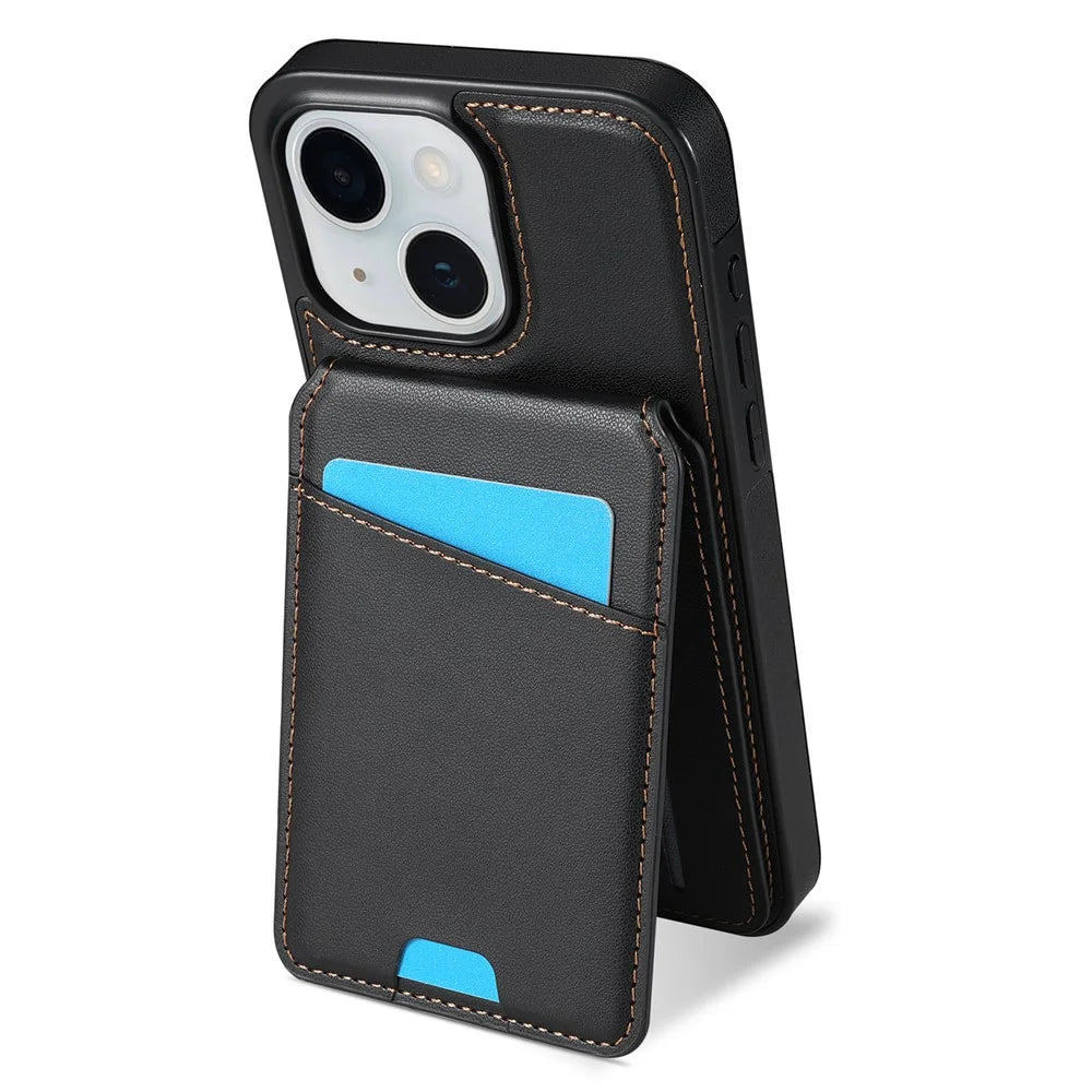 For iPhone 15 Case Compatible with MagSafe Detachable Card Holder Kickstand Leather Phone Back Cover - Black - 2