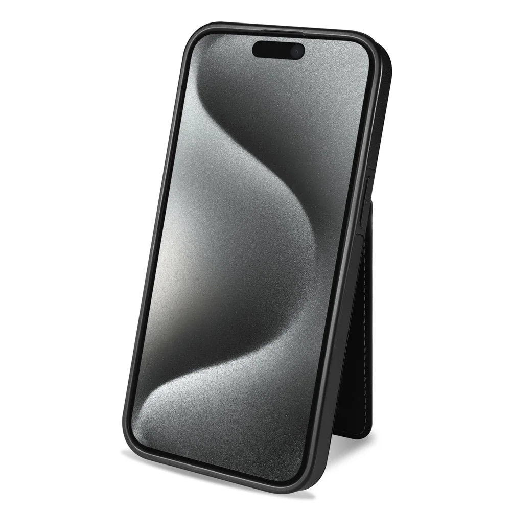 For iPhone 15 Case Compatible with MagSafe Detachable Card Holder Kickstand Leather Phone Back Cover - Black - 3