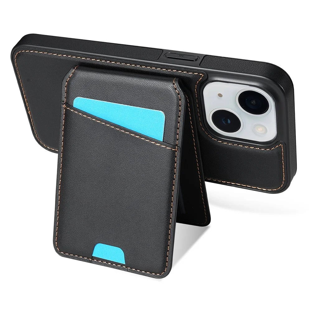 For iPhone 15 Case Compatible with MagSafe Detachable Card Holder Kickstand Leather Phone Back Cover - Black - 5