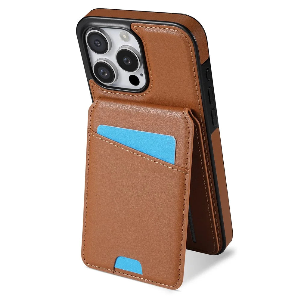 For iPhone 15 Pro Case Compatible with MagSafe Detachable Card Holder Kickstand Leather Phone Back Cover - Brown - 2