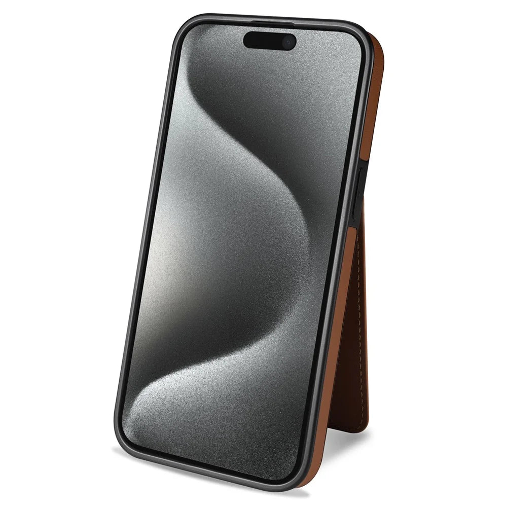 For iPhone 15 Pro Case Compatible with MagSafe Detachable Card Holder Kickstand Leather Phone Back Cover - Brown - 4