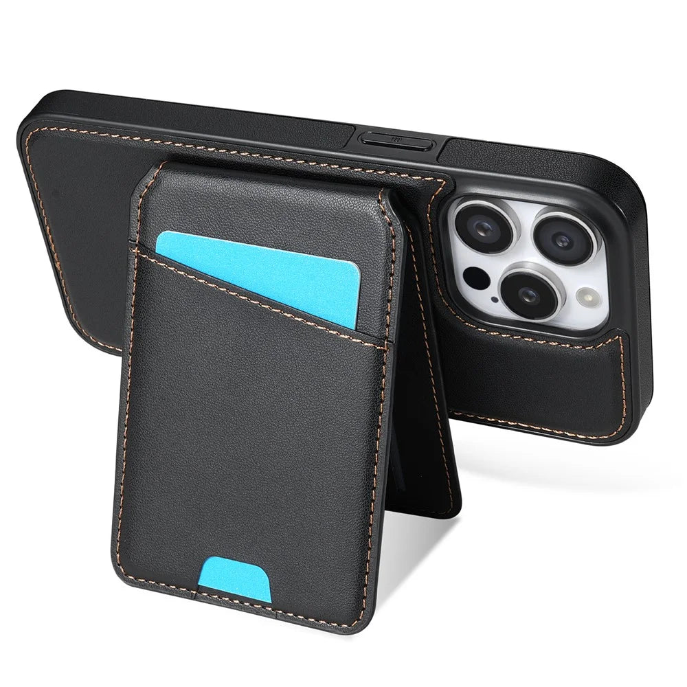For iPhone 15 Pro Max Case Compatible with MagSafe Detachable Card Holder Kickstand Leather Phone Back Cover - Black - 5