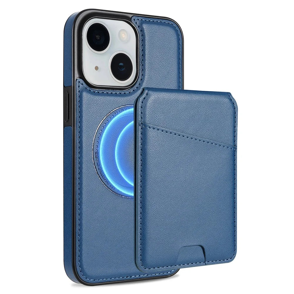 For iPhone 14 Case Compatible with MagSafe Detachable Card Holder Kickstand Leather Phone Back Cover - Blue - 1