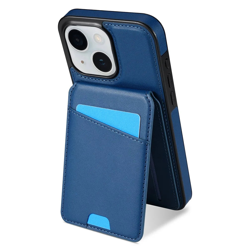 For iPhone 14 Case Compatible with MagSafe Detachable Card Holder Kickstand Leather Phone Back Cover - Blue - 2