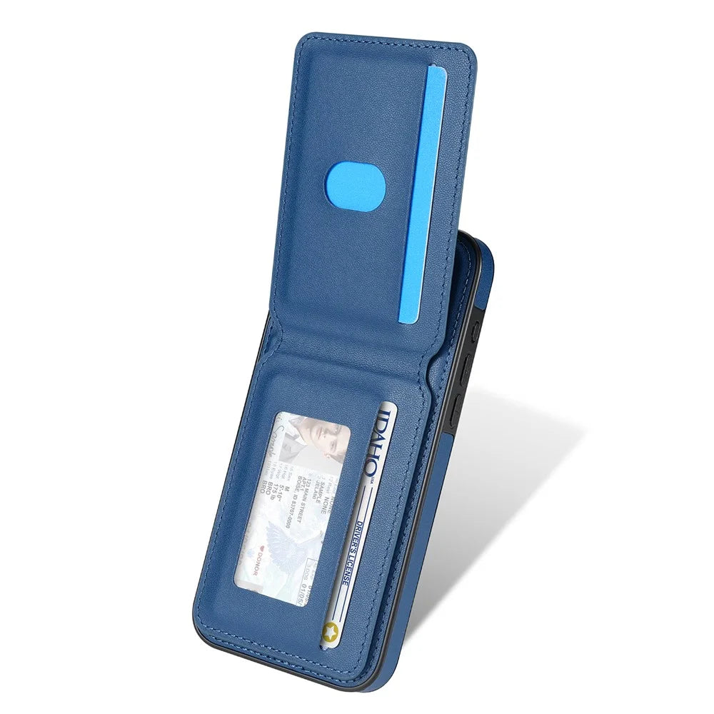 For iPhone 14 Case Compatible with MagSafe Detachable Card Holder Kickstand Leather Phone Back Cover - Blue - 3