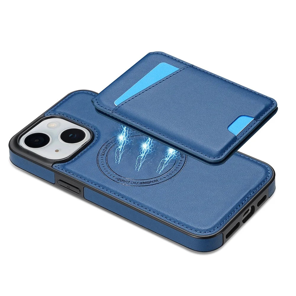 For iPhone 14 Case Compatible with MagSafe Detachable Card Holder Kickstand Leather Phone Back Cover - Blue - 6