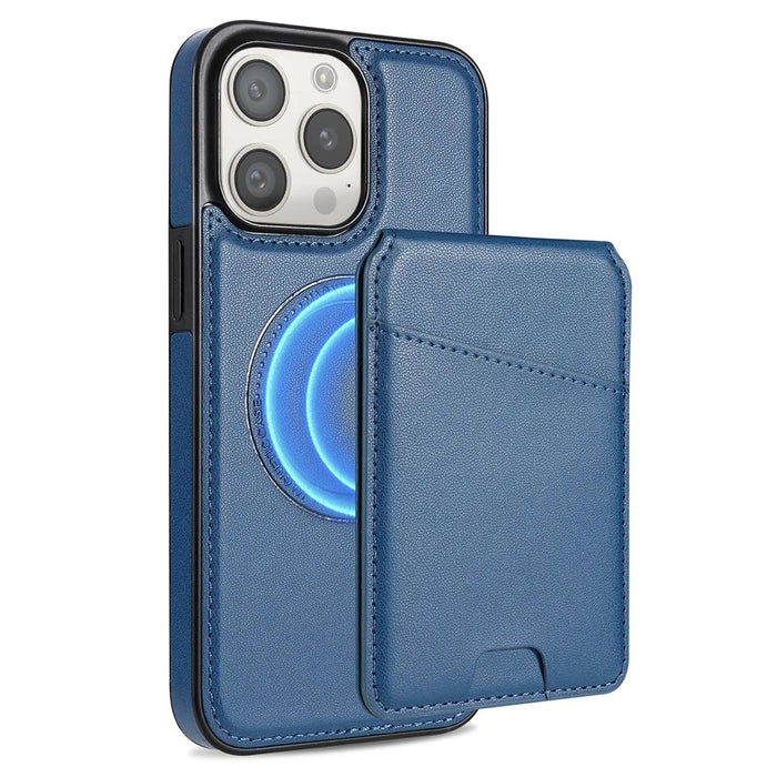 For iPhone 14 Pro Case Compatible with MagSafe Detachable Card Holder Kickstand Leather Phone Back Cover - Blue - 1