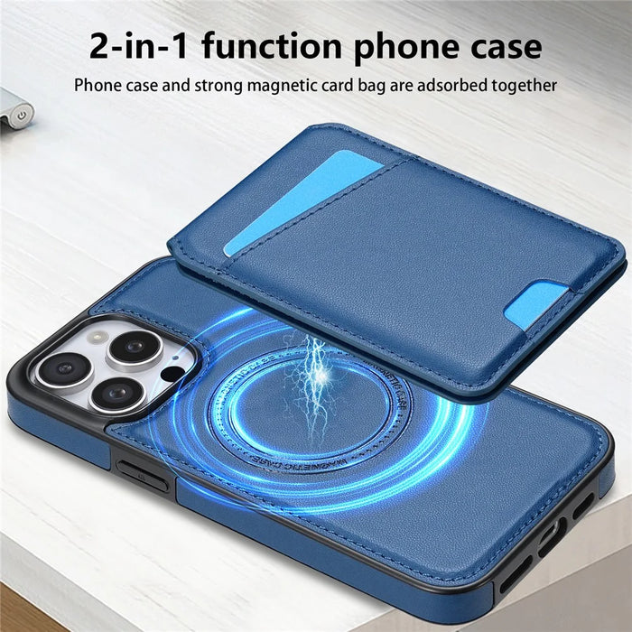 For iPhone 14 Pro Case Compatible with MagSafe Detachable Card Holder Kickstand Leather Phone Back Cover - Blue - 6
