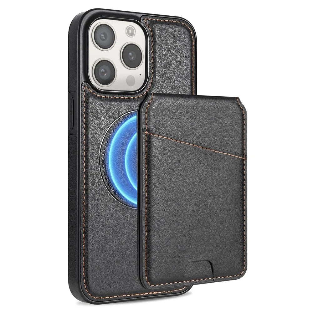 For iPhone 14 Pro Max Case Compatible with MagSafe Detachable Card Holder Kickstand Leather Phone Back Cover - Black - 1
