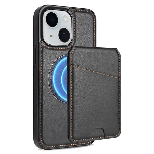 For iPhone 13 Case Compatible with MagSafe Detachable Card Holder Kickstand Leather Phone Back Cover - Black - 1