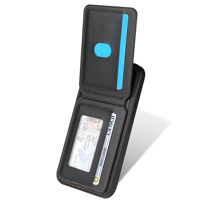 For iPhone 13 Case Compatible with MagSafe Detachable Card Holder Kickstand Leather Phone Back Cover - Black - 3