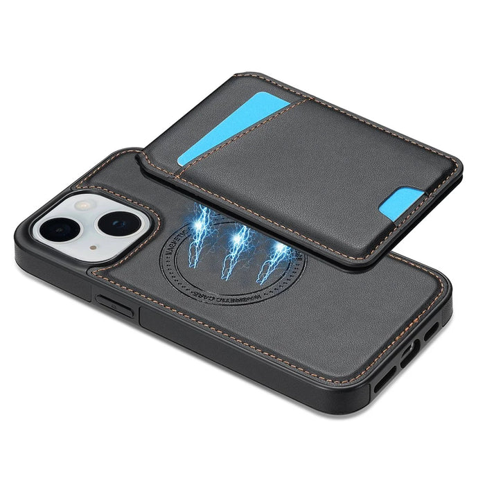 For iPhone 13 Case Compatible with MagSafe Detachable Card Holder Kickstand Leather Phone Back Cover - Black - 5