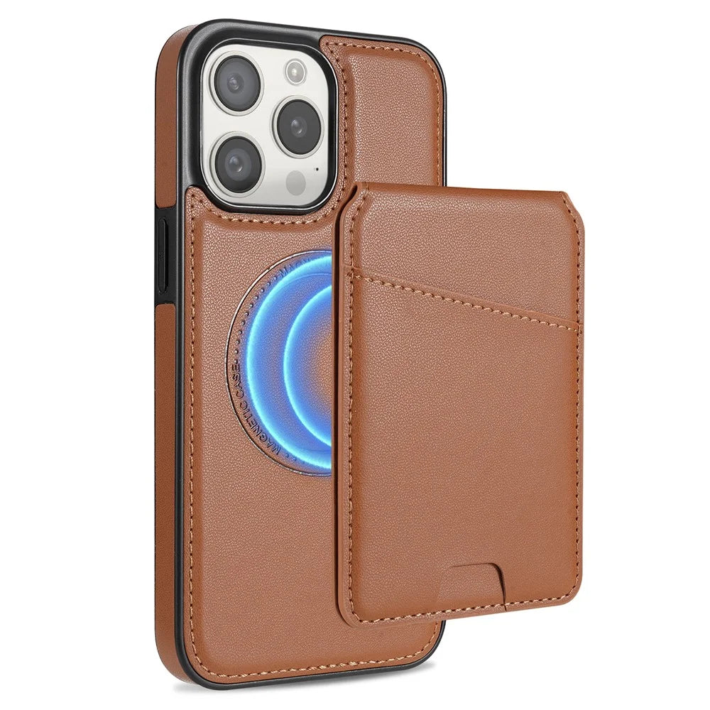 For iPhone 13 Pro Case Compatible with MagSafe Detachable Card Holder Kickstand Leather Phone Back Cover - Brown - 1