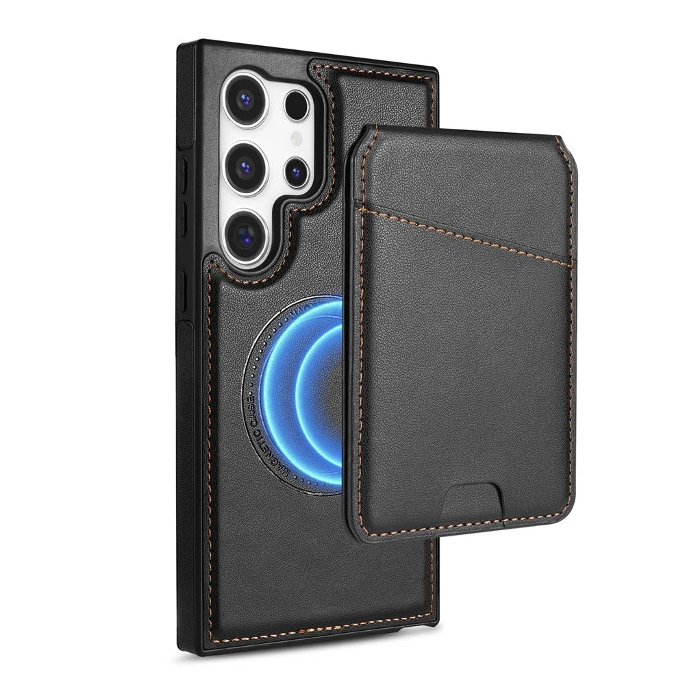 For Samsung Galaxy S25 Ultra Magnetic Case Detachable Card Holder Kickstand Leather Phone Back Cover - Black - 1
