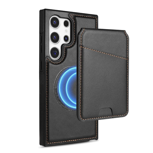 For Samsung Galaxy S25 Ultra Magnetic Case Detachable Card Holder Kickstand Leather Phone Back Cover - Black - 1