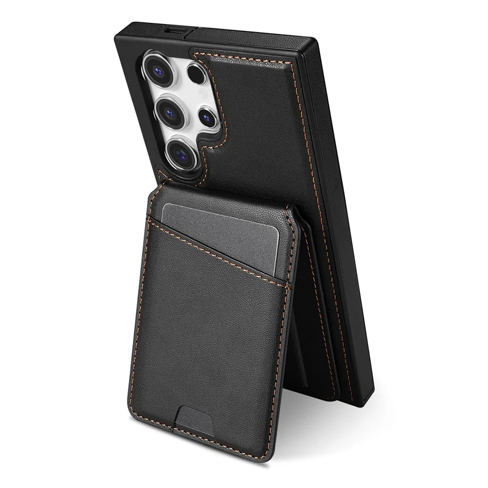 For Samsung Galaxy S25 Ultra Magnetic Case Detachable Card Holder Kickstand Leather Phone Back Cover - Black - 2