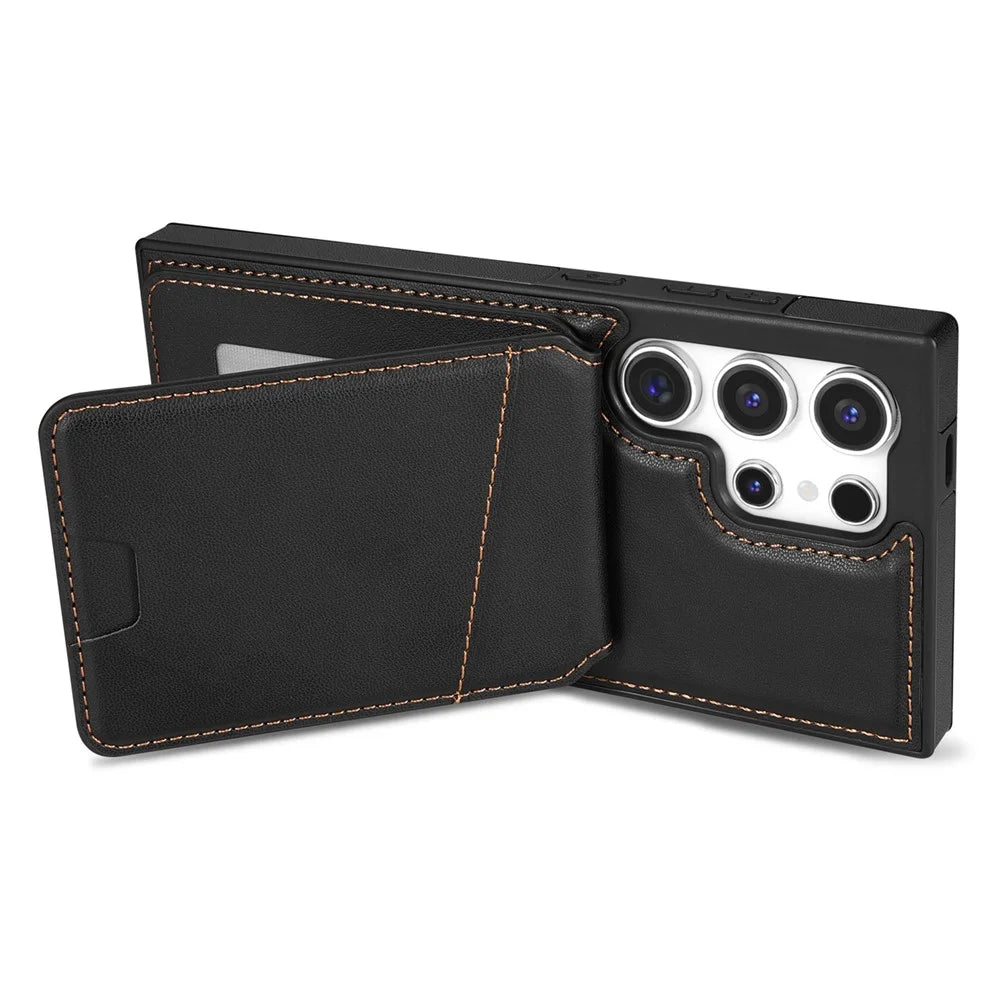 For Samsung Galaxy S25 Ultra Magnetic Case Detachable Card Holder Kickstand Leather Phone Back Cover - Black - 4